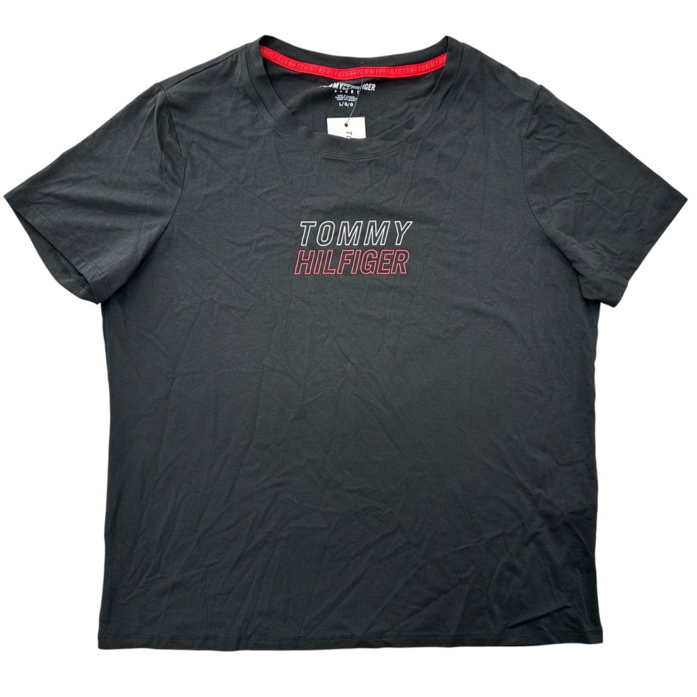 Tommy Hilfiger Sport T-Shirt Black Cotton Short Sleeve Logo Women's Large NWT